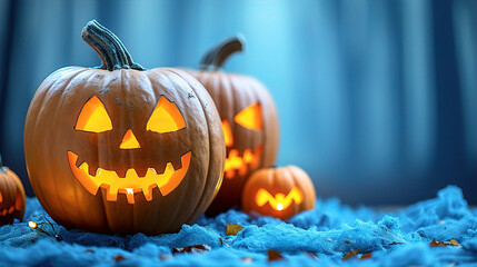 Halloween greeting card, spooky pumpkin sitting on the forest floor