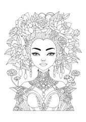 A beautiful girl with long hair is decorated with a wreath of flowers. Coloring page. Art therapy for children and adults. Art line, hobby.