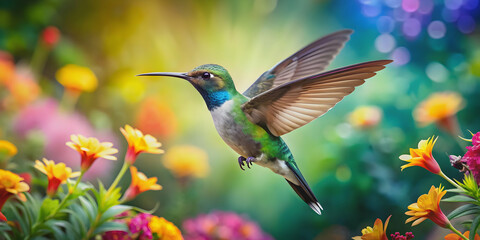 Fototapeta premium Hummingbird hovering over vibrant tropical flowers surrounded by colorful wildlife and nature elements, hummingbird, tropical
