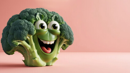 A cheerful broccoli character smiles joyfully against a soft pink background, bringing a whimsical touch to healthy eating and vibrant food culture