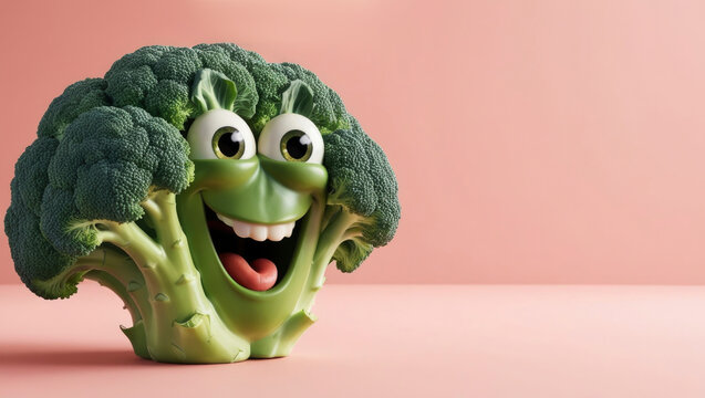 A cheerful broccoli character smiles joyfully against a soft pink background, bringing a whimsical touch to healthy eating and vibrant food culture