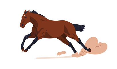 Horse galloping fast. Rushing racing stallion. Thoroughbred, equine animal breed running at speed, rising dust. Athletic muscular strong steed. Flat vector illustration isolated on white background