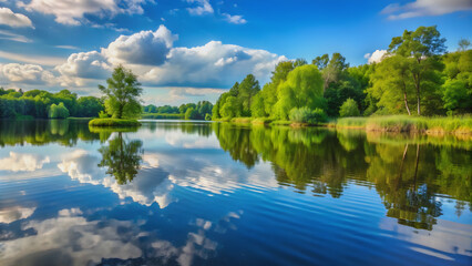 Obraz premium Tranquil summer lake landscape with wavy water reflection, Lake, landscape, summer, background, water, surface, panoramic