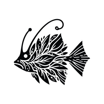 recommend clip art: anglerfish made by simple botanical drawing, black and white animal illustration