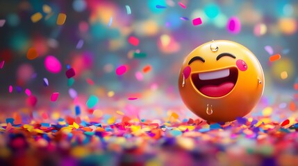 Laughing face emoji with tears of joy, on a colorful, confetti-strewn background, bright, celebratory lighting creating a festive and joyous atmosphere