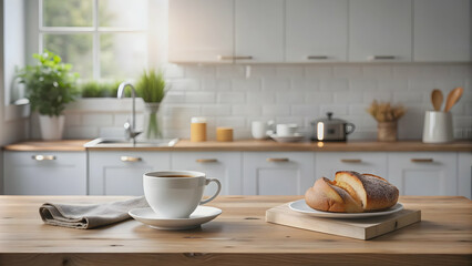 Minimalistic kitchen scene with a cup of coffee and bread on the table, creating a cozy and comforting ambiance , morning