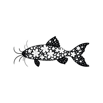 recommend clip art: Catfish made by simple flower drawing, black and white animal illustration