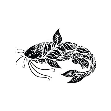 recommend clip art: Catfish made by simple botanical drawing, black and white animal illustration