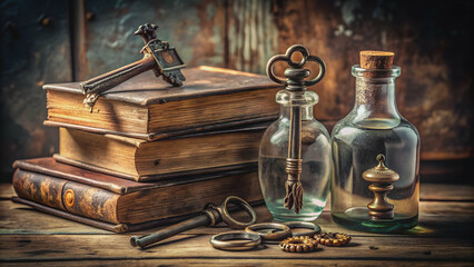 Vintage still-life with old books, antique keys, dusty bottles, and a pocket watch , vintage, still-life, old, books, antique