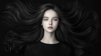 Naklejka premium How does the symmetrical, wavy flow of the womans hair contribute to a sense of elegance and timeless beauty in this image