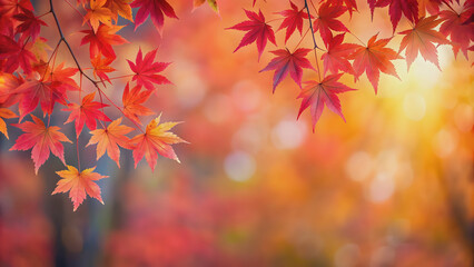 Fototapeta premium Red maple leaves standing out against a soft, blurred autumn background , Autumn, foliage, vibrant, red, maple tree, nature