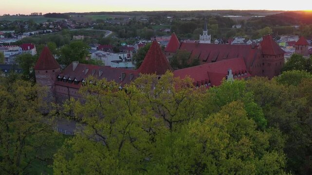 Aerial scenery with the Teutonic Castle in Bytow, a former stronghold for Pomeranian dukes. Poland