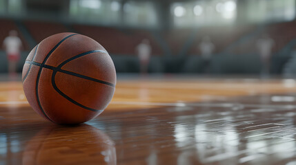 Naklejka premium Basketball resting on polished wooden indoor court with soft reflections and blurred background of players and spectators