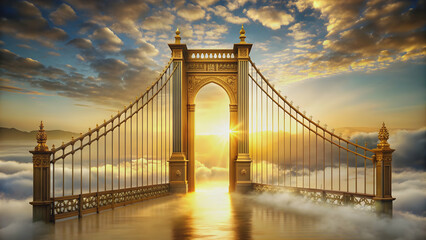 Fototapeta premium Gleaming golden gate leading to mythical Valhalla realm, golden gate, valhalla, mythical, fantasy, realm, heaven, entrance