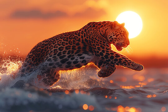 An African leopard with fangs in a jump hunts at sunset in a shroud on a safari, a carnivorous predator.