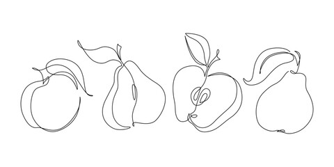 Abstract fruits drawing. Continuous one line art of fruits. Apple pear peach fruit set. Vector minimalistic linear illustration