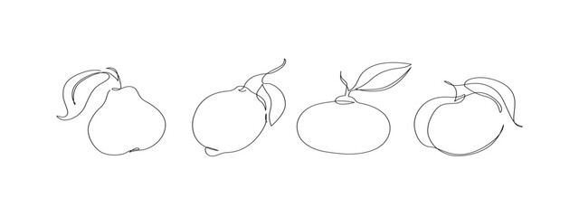 Abstract fruits drawing. Continuous one line art of fruits. Lemon lime mandarin pear peach fruit set. Vector minimalistic linear illustration