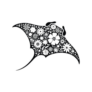 recommend clip art: MantaRay fish made by simple flower drawing, black and white animal illustration