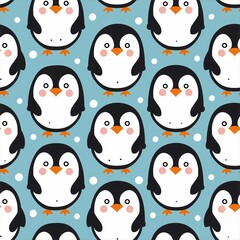 Fototapeta premium Christmas seamless pattern, Weihnachtsgeschenkpapier Winter Geschenkpapier mit süssen Pinguinen auf blauem Hintergrund, Endlos Geschenkpapier für Kinder zu Weihnachten, Neujahr oder Winter