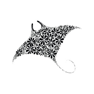 recommend clip art: MantaRay fish made by simple flower drawing, black and white animal illustration
