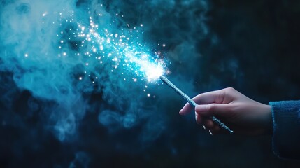 A mystical magic wand with a glowing tip, radiating sparks of light and energy. The wand's intricate design and magical aura make it the perfect symbol of enchantment and spellcasting, 