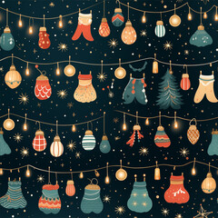 Seamless Christmas pattern with hanging stockings, ornaments, and fairy lights, colorful and cheerful 