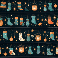 Seamless Christmas pattern with hanging stockings, ornaments, and fairy lights, colorful and cheerful 