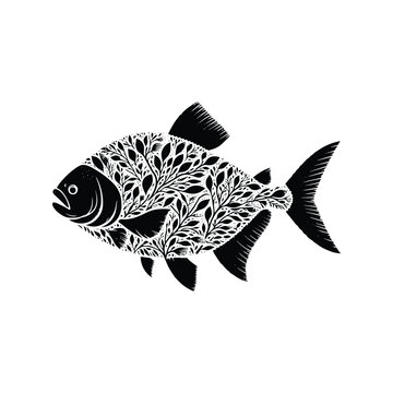 recommend clip art: piranha fish made by simple botanical drawing, black and white animal illustration