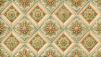 Square Tiles with Diagonal Floral Motifs in Green, Beige, and Brown, Forming Diamond Shapes