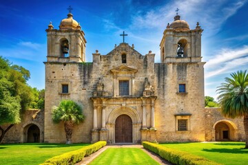 Historic Texas mission's iconic faÁade stands proudly, surrounded by lush greenery, against a bright blue sky, evoking a sense of independence and American heritage.