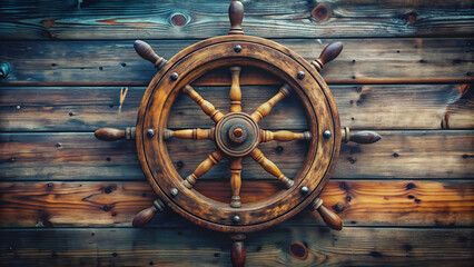 Obraz premium Close-up of a weathered old wooden ship wheel , vintage, navigation, maritime, nautical, sailing, helm, steering