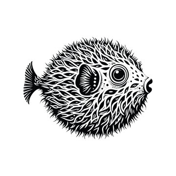 recommend clip art: Pufferfish made by simple botanical drawing, black and white animal illustration