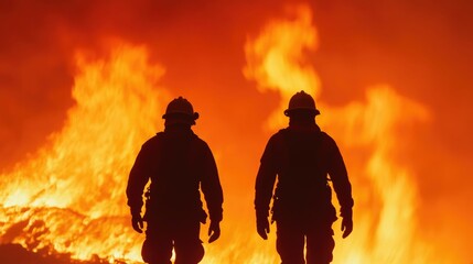 Fototapeta premium Firefighters Battling a Massive Wildfire in a Mountainous Region Flames Towering Over Them in a Heroic Response to the Dangerous and Dramatic Situation