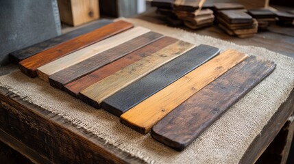 Swatches of rustic wood, each with a different finish from natural to deep mahogany, displayed on a burlap-covered table
