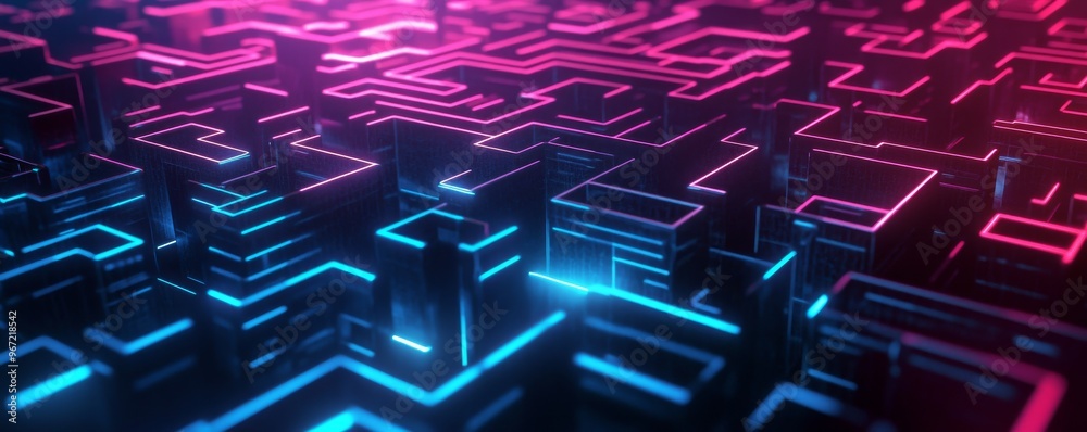 Poster futuristic neon cityscape with glowing lights and geometric patterns