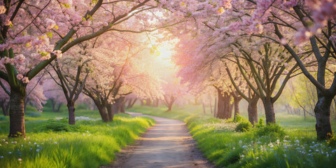 Naklejka premium A serene flowery path with a gentle spring breeze , spring, flowers, pathway, nature, scenic, peaceful, garden, tranquil