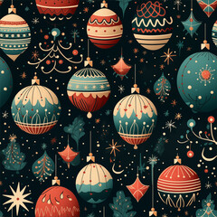 Christmas pattern with decorated Christmas trees, baubles, and stars, bright red and green colors, festive design