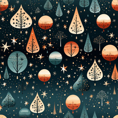 Christmas pattern with decorated Christmas trees, baubles, and stars, bright red and green colors, festive design 