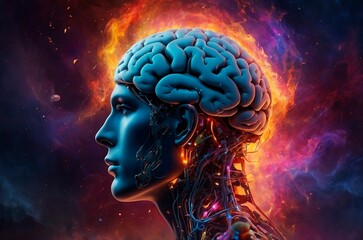 A digital artwork closeup portrait of a human with a brain exposed, surrounded by vibrant flames, cosmic elements, galaxies and ethereal fog. Spirituality higher states of consciousness illustation.