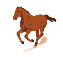 Galloping horse. Thoroughbred stallion running fast, rushing with speed. Strong equine breed kicking up dirt, racing. Free steed in motion. Flat vector illustration isolated on white background