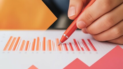 Close up view of a person closely examining and highlighting important key metrics displayed on a printed analytics report focused on business analysis and performance review