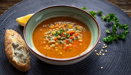 A comforting bowl of Turkish lentil soup made with red lentils, carrots, onions, and aromatic spices, served warm.