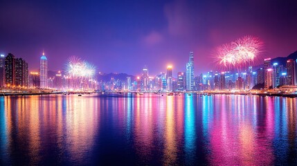 Fototapeta premium City Night Skyline with Fireworks Reflecting Over Peaceful Water