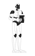 Robot office worker black and white line illustration. Robotics tie employee holding paperwork 2D linear character isolated. Futuristic corporate assistant technology monochrome vector outline image