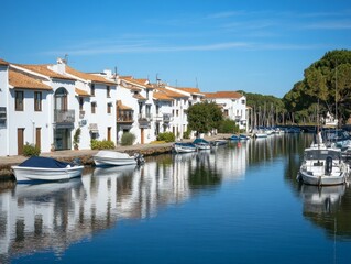Fototapeta premium Charming Waterfront Village with Boats.