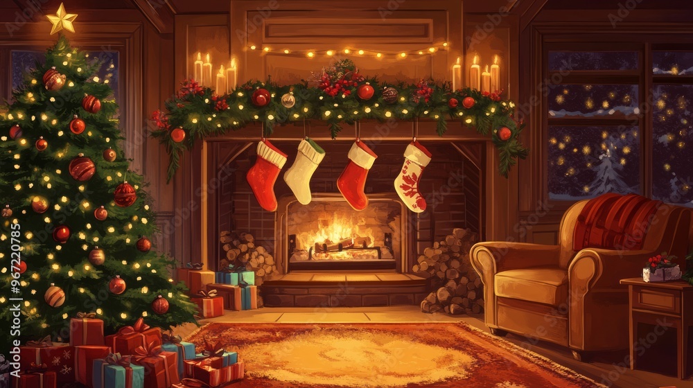 Wall mural Cozy Christmas living room with fireplace, decorated tree, presents, and stockings hung above the mantle.