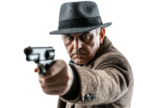 a man in a hat pointing a gun