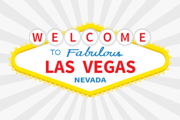 Welcome to Las Vegas sign icon. Nevada sight showplace symbol. Template for greeting card, banner, sticker print. Flat design. White gray abstract background. Light of sunburst. Isolated. Vector © worldofvector