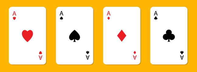 Four aces icon set. Playing card. Poker cards suits. Hearts, clubs, diamonds, spades ace. Winning poker hand. Las Vegas Casino gambling concept. Simple flat design. Isolated. Yellow background. Vector