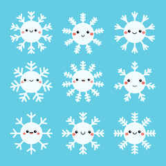 White snowflake icon set. Cute cartoon kawaii funny baby character. Different shape, face emotions, sign. Snowflakes collection. Childish style. Flat design. Blue background. Isolated. Vector